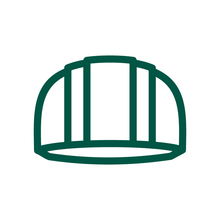 A simple green outline of a dome-shaped helmet or headgear viewed from the front.