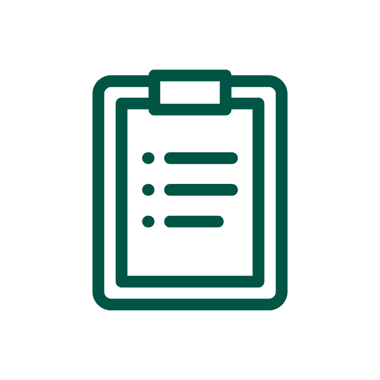 Simple green clipboard icon with a checklist, depicted on a transparent background.