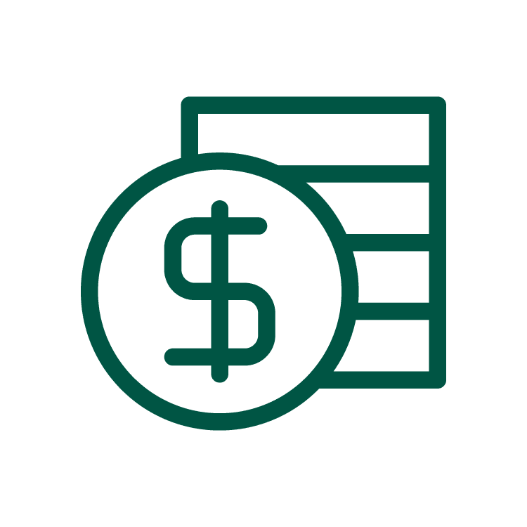 Green line icon of a dollar sign in a circle in front of stacked coins, representing money or financial concepts, on a white background.